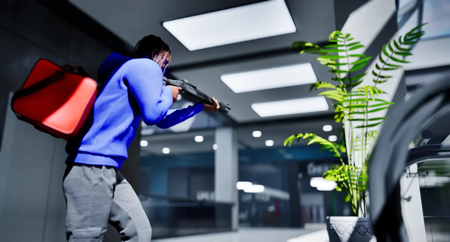 Hood Warfare 2 player in a blue hoodie carrying a red duffel bag and aiming a rifle inside a mall