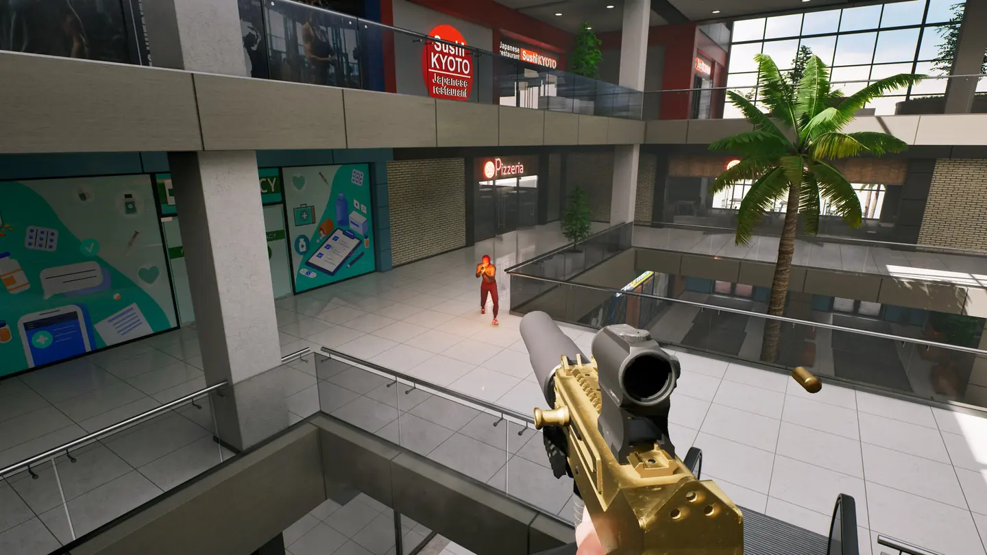 First-person view of a gold-finish gun overlooking the lower floor of a mall