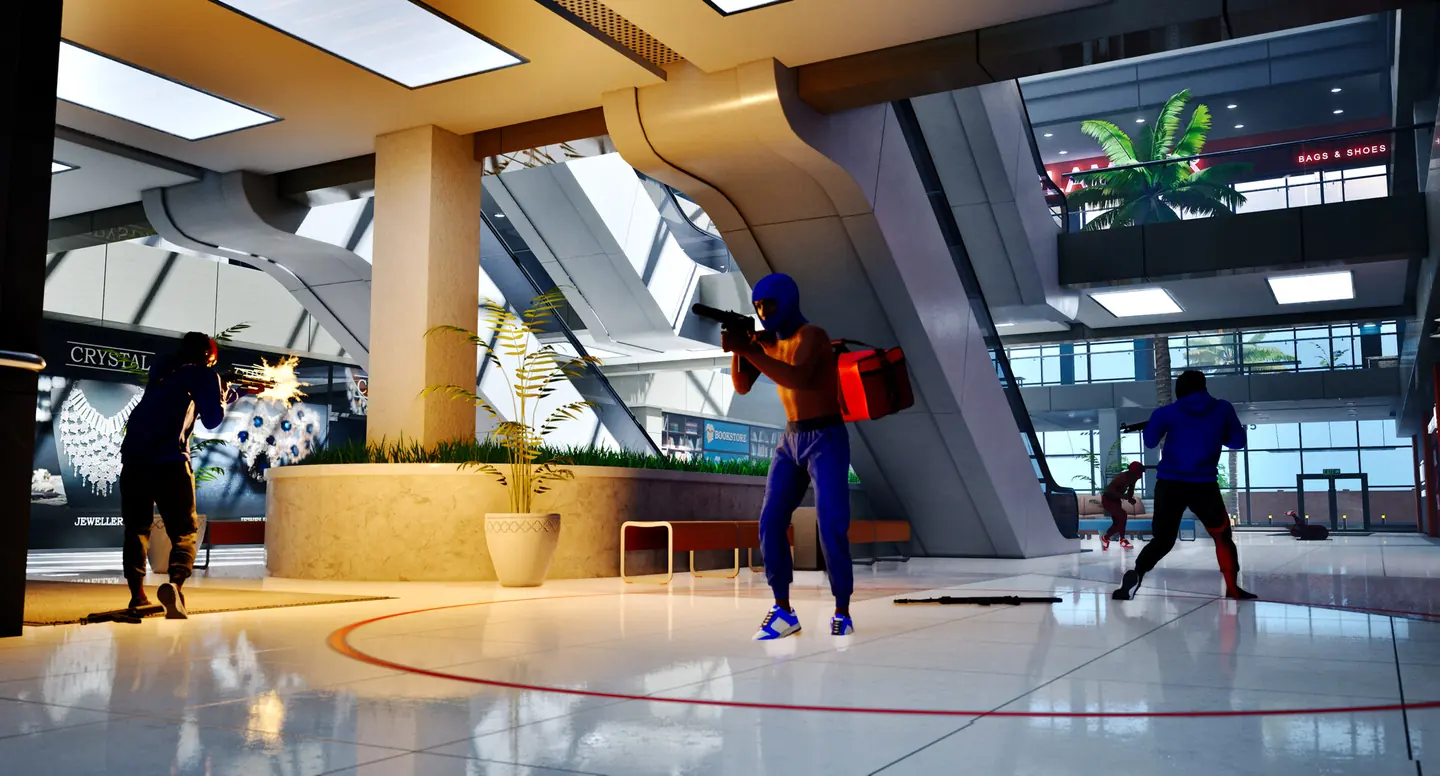 Hood Warfare 2 players shooting at each other in a bright shopping mall atrium
