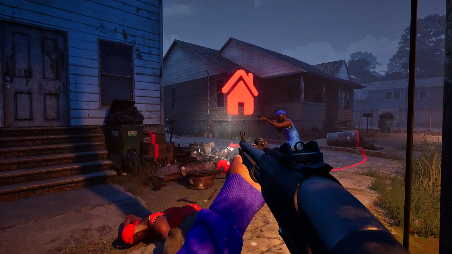 First-person view of a Hood Warfare 2 night fight with a shotgun on a residential street, with a red house icon over a house