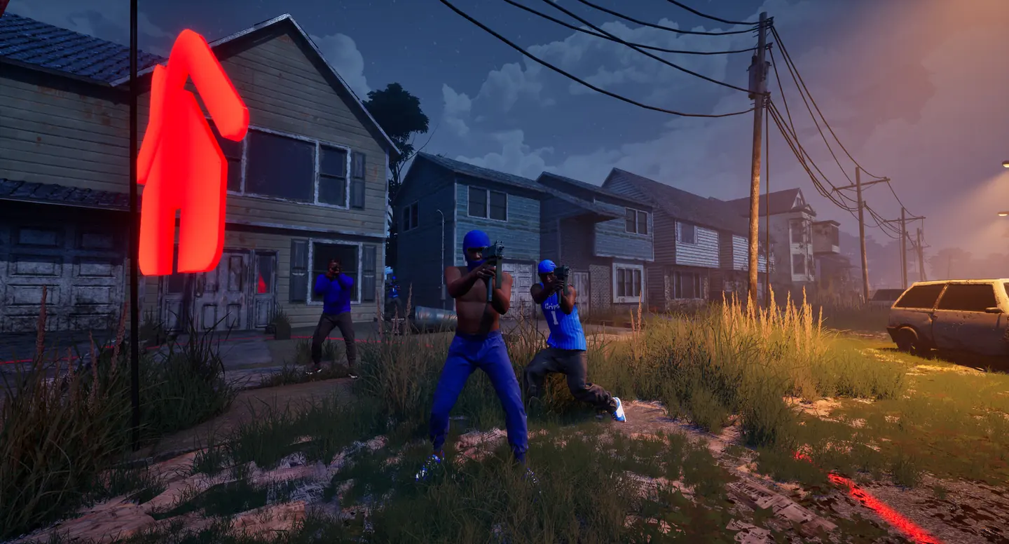 Hood Warfare 2 team in blue pushing through backyards at sunset, with a red marker over a house