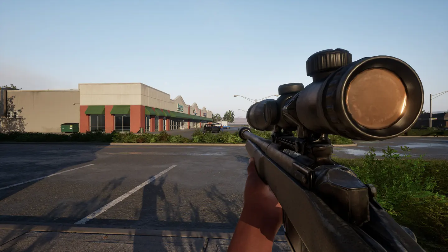 First-person view of a Hood Warfare 2 sniper rifle with a large scope in a parking lot