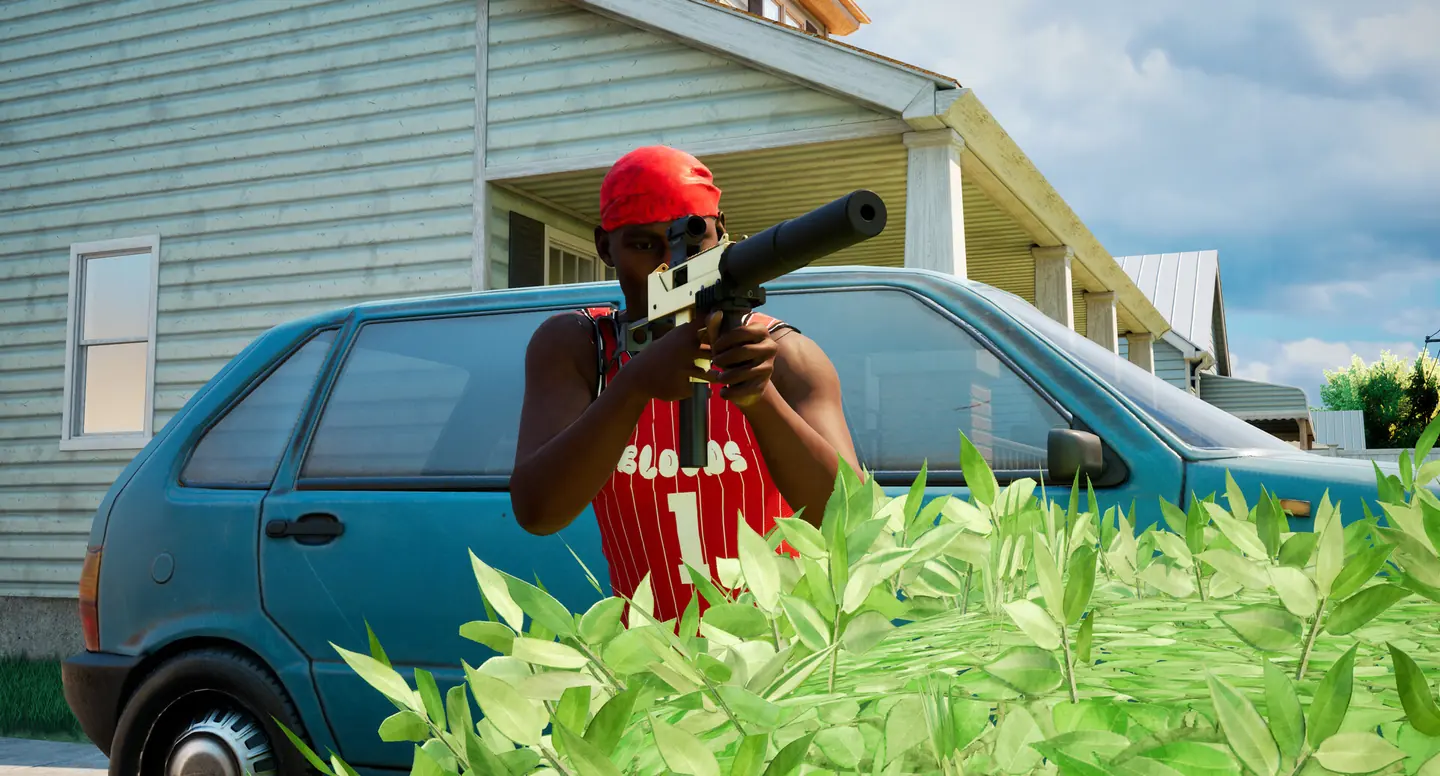 Hood Warfare 2 player in a red cap and jersey aiming a suppressed gun from behind a parked car next to a house