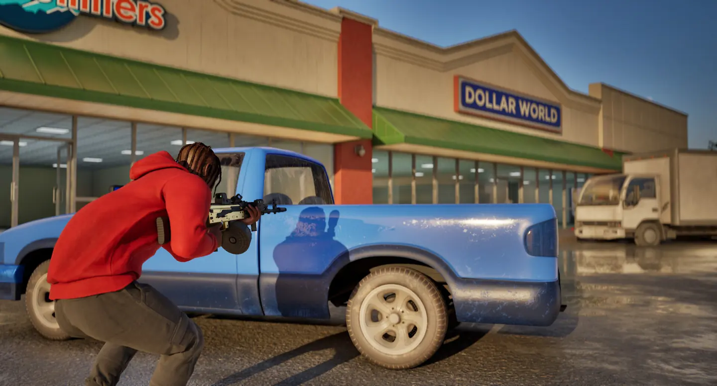 Hood Warfare 2 player in a red hoodie aiming a gun from behind a blue pickup truck in a strip-mall parking lot